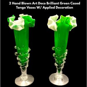 2 Hand Blown Art Deco Brilliant Green Cased Tango Vases W/ Applied Decoration